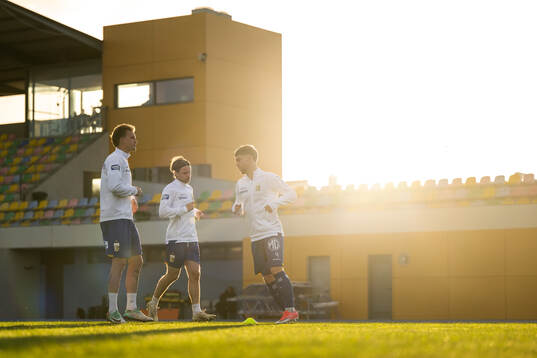 Sebastian Hausner, Oscar Pettersson and Andreas Pyndt of IFK Göteborg ahead of the Atlantic Cup football match between Brøndby and IFK Göteborg on February 9, 2024 in Portimao. 