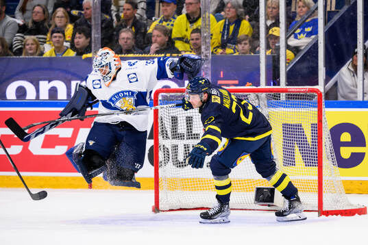 goaltender Emil Larmi of Finland and Lucas Wallmark of