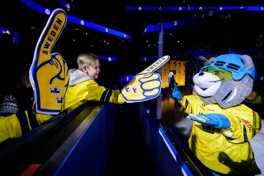 Supporters of Sweden with the Swedish mascot ahead the
