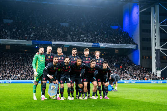  goalkeeper Ederson, Erling Braut Haaland, Rodri, John Stones, Kevin De Bruyne, Kyle Walker, Bernardo Silva, Nathan Aké, Jack Grealish and Phil Foden ahead of the UEFA Champions League football 1/8 final between FC Copenhagen and Manchester City on February 13, 2024 in Copenhaugen. 