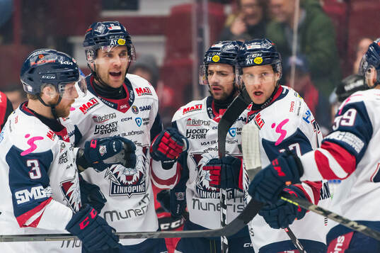 Linköpings Patrick Russell jublar med Linus Hultström ,