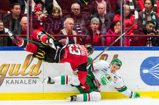 Malmö Redhawks Albert Sjöberg och Rögles Brandon Davidson