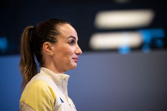 Kosovare Asllani in the mixed zone