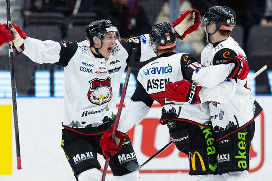 Malmö Redhawks Matias Lassen jublar ihop med Robin Alvarez