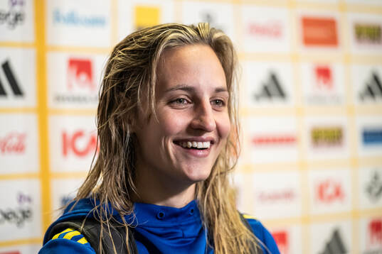 Nathalie Björn of Sweden in the mixed zone