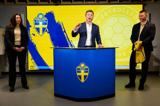 Andrea Möllerberg, General Secretary of the Swedish Football Association, Head coach Jon Dahl Tomasson of the Swedish national football team and Kim Källström, Head of Football at the Swedish Football Association at a press conference