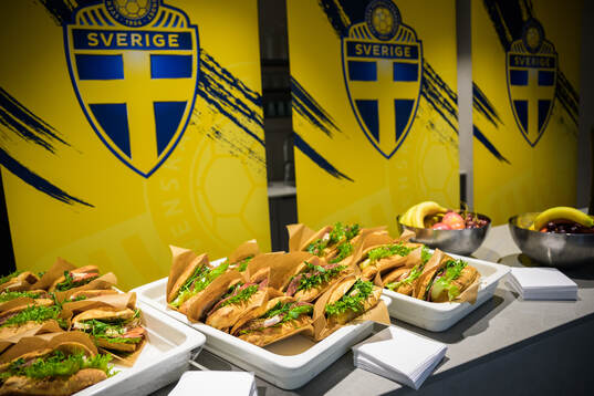 Sandwiches and fruit available for members of media ahead of a press conference with the Swedish national football team on March 1, 2024 in Stockholm. 