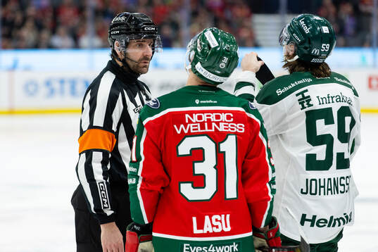 Domare Mikael Sjöqvist pratar med Frölundas Nicklas Lasu