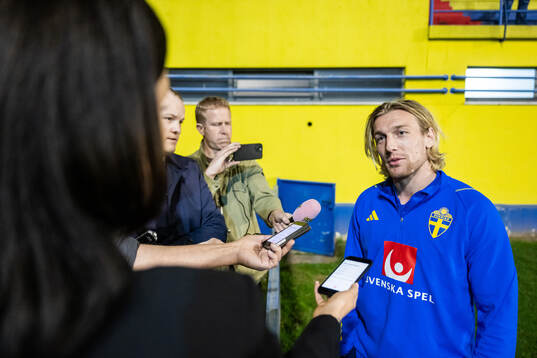 Emil Forsberg of the Swedish men's national football team in the mixed zone