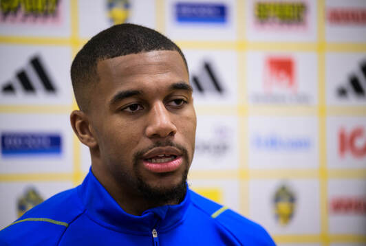 Isak Hien of the Swedish men's national football team in mixed zone