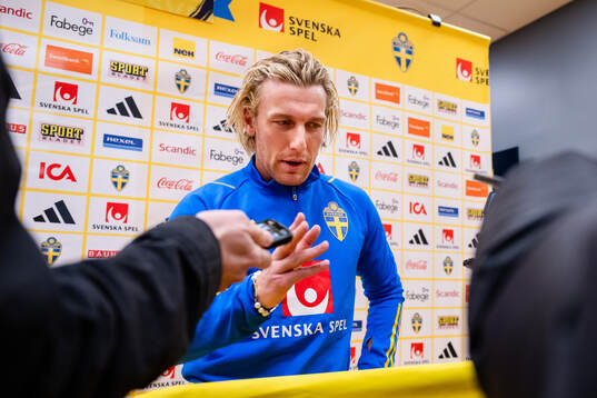 Emil Forsberg of Sweden in the mixed zone