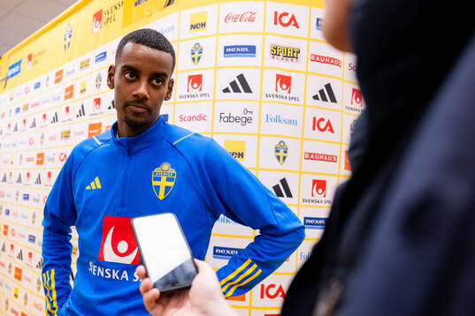 Alexander Isak of Sweden in the mixed zone
