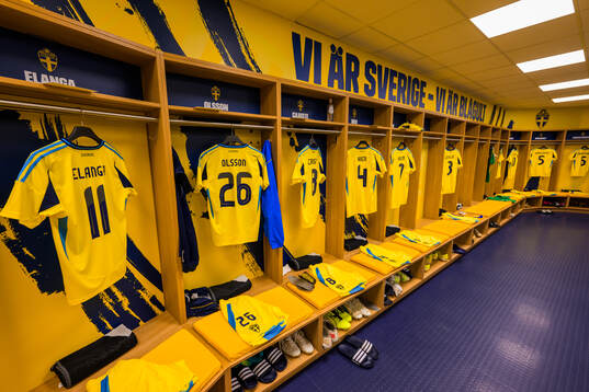 Jerseys of Anthony Elanga, Simon Olsson, Jens Cajuste, Isak Hien and Emil Holm hanging in the dressing room of Sweden ahead of the international friendly football match between Sweden and Albania on March 25, 2024 in Stockholm. 