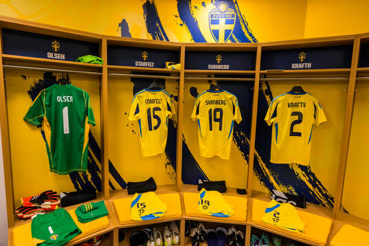 Jerseys of goalkeeper Robin Olsen, Carl Starfelt, Mattias Svanberg and Emil Krafth hanging in the dressing room of Sweden ahead of the international friendly football match between Sweden and Albania on March 25, 2024 in Stockholm. 