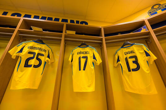 Jerseys of Gabriel Gudmundsson, Viktor Gyökeres and Hjalmar Ekdal hanging in the dressing room of Sweden ahead of the international friendly football match between Sweden and Albania on March 25, 2024 in Stockholm. 