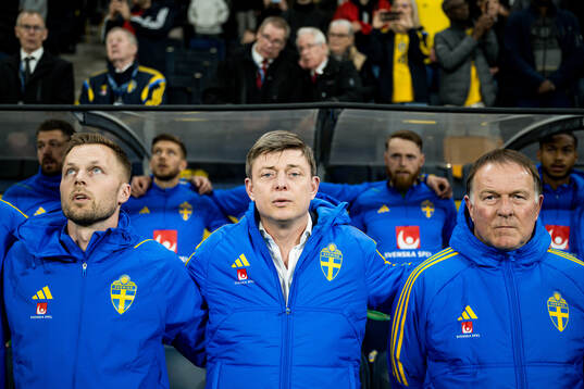 Assistant coach Sebastian Larsson, Head coach Jon Dahl Tomasson and Assistant coach Remy Reijnierse of Sweden ahead of the international friendly football match between Sweden and Albania on March 25, 2024 in Stockholm. 