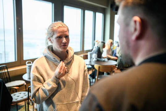 Hilda Svensson of Sweden is being interviewed at a press