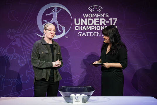 Victoria Sandell, Tournament Ambassador, and Anna Braun, during the UEFA European Women’s Under-17 Championship 2023/24 Final Tournament Draw at Lund City Hall on March 26, 2024 in Lund, Sweden. 

