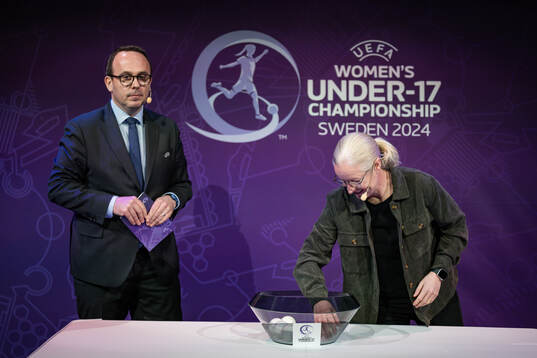 David Gough, Senior Women's Football Competition Manager, and Victoria Sandell, Tournament Ambassador, during the UEFA European Women’s Under-17 Championship 2023/24 Final Tournament Draw at Lund City Hall on March 26, 2024 in Lund, Sweden. 
