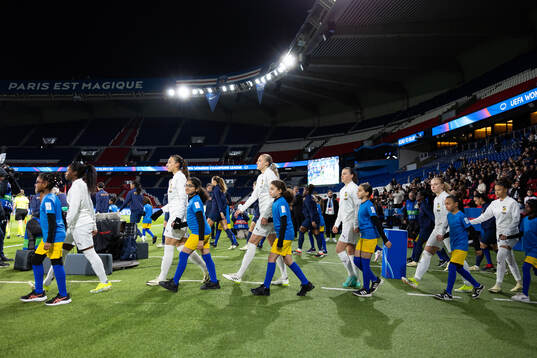 Monica Jusu Bah, Rusul Rosa Kafaji, Elma Junttila Nelhage, Hanna Wijk, Johanna Fossdalsá Sørensen and Felicia Schröder ahead of the UEFA Women's Champions League football match quarterfinal two between Paris Saint Germain and Häcken on March 28, 2024 in Paris. 