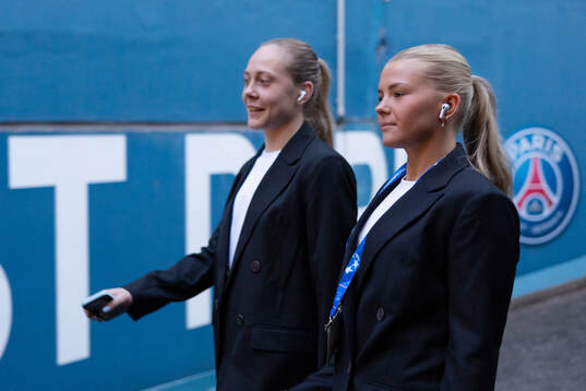 Alice Bergström and Matilda Nildén of Häcken arrives to