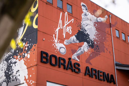 Detaljbild Borås Arena med muralmålning föreställande Anders Svensson