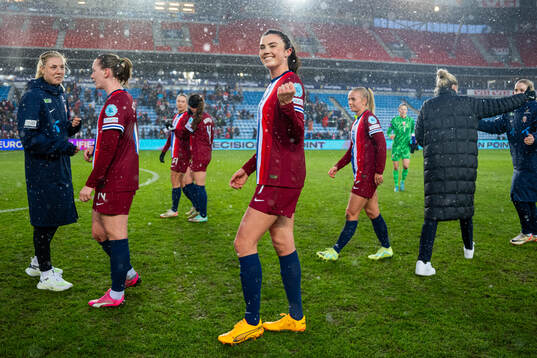 Ingrid Syrstad Engen of Norway celebrates after the UEFA Women's Euro Qualifier football match between Norway and Finland on April 5, 2024 in Oslo. 
