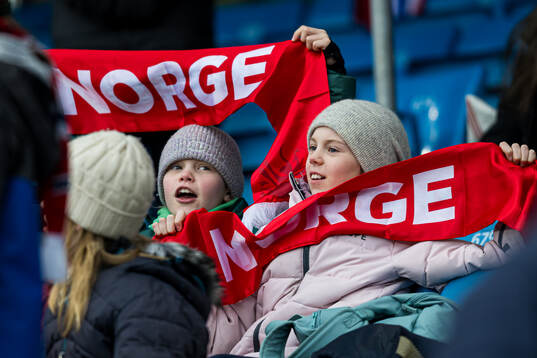 Spectators in the stands ahead of the UEFA Women's Euro Qualifier football match between Norway and Finland on April 5, 2024 in Oslo. 