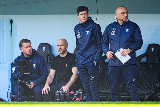 Malmö FFs assisterande tränare Theodor Olsson, tränare Henrik Rydström, assisterande tränare Martin Falk och målvaktstränare Jonnie Fedel