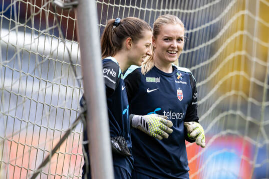 Goalkeeper Cecilie Fiskerstrand and goalkeeper Guro Pettersen of the Norwegian women's national football team