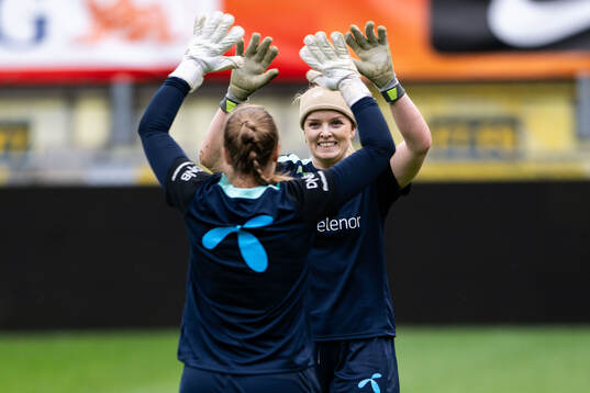 Goalkeeper Aurora Mikalsen and goalkeeper Guro Pettersen of the Norwegian women's national football team