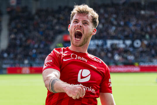 Ole Didrik Blomberg of Brann celebrates after scoring the 1-1 goal during the Eliteserien match between Viking and Brann on April 14, 2024 in Stavanger. 
