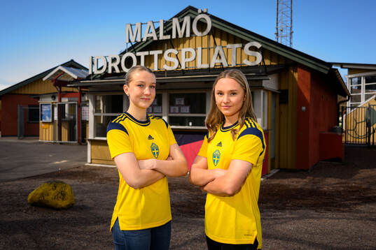  Wilma Ceder and Nova Rolfsson of Sweden poses for a portrait after a press conference ahead of the UEFA Under-17 on April 17, 2024 in Malmö. 