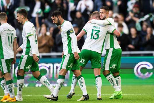 Hammarbys Abdelrahman Boudah Saidi och Mads Fenger Nielsen jublar efter 1-0