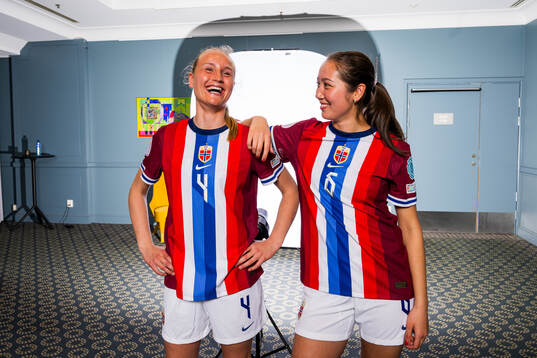 Josefine Lefdal and Henny Thorallsson of the Norwegian U17 national football team poses for a portrait on May 1, 2024 in Malmö. 
