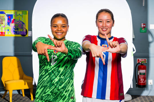 Goalkeeper Maria Kroken and Henny Thorallsson of the Norwegian U17 national football team poses for a portrait on May 1, 2024 in Malmö. 
