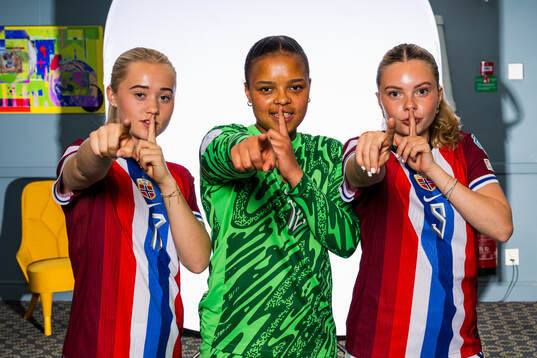 Tomine Enger, goalkeeper Maria Kroken and Christina Herseth of the Norwegian U17 national football team poses for a portrait