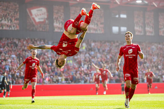 Ole Didrik Blomberg of Brann celebrates after scoring the 1-0 goal
