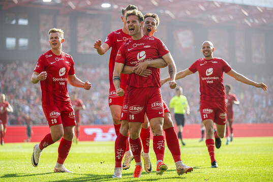 Ole Didrik Blomberg of Brann celebrates after scoring the 1-0 goal