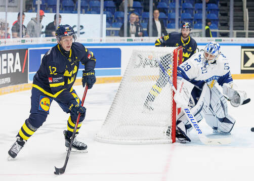 Max Friberg of Sweden and goaltender Harri Säteri of