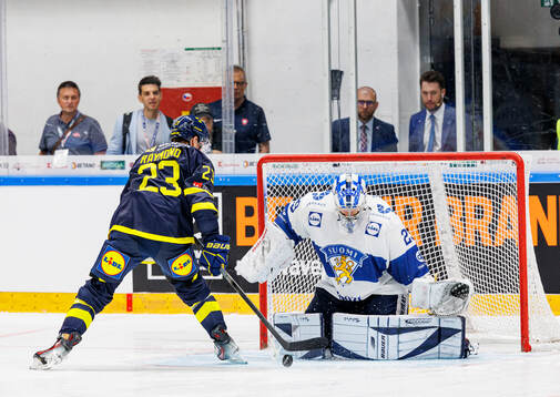 Lucas Raymond of Sweden and goaltender Harri Säteri of