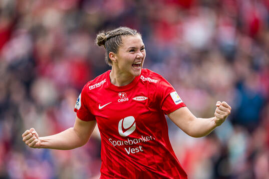 Anna Aahjem of Brann celebrates after scoring the 2-1 goal