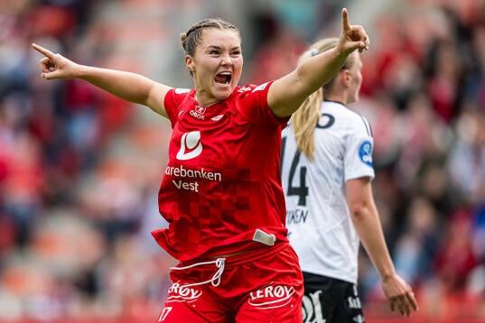 Anna Aahjem of Brann celebrates after scoring the 2-1 goal