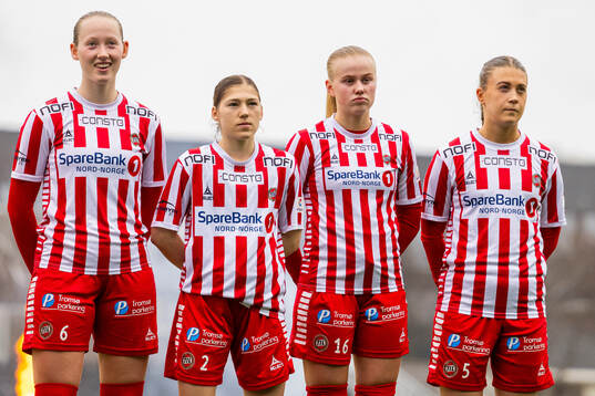 Emilie Sofie Ludvigsen, Sarah Klotz, Elea Synnøve Johansen and Oda Lillegård of TIL 2020 ahead of the 1. division football match between Bodø/Glimt and TIL 2020 on May 12, 2024 in Bodø. 