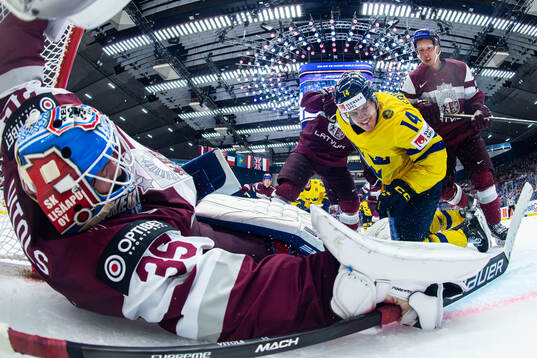 Goaltender Kristers Gudlevskis of Latvia against Joel