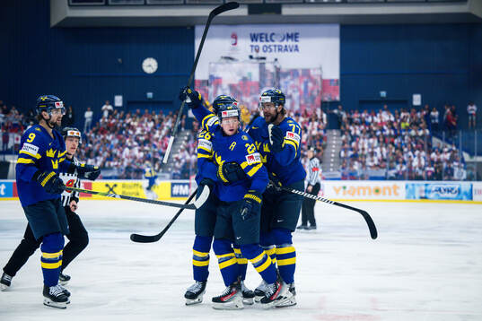 Rasmus Dahlin, Lucas Raymond and Victor Hedman of Sweden