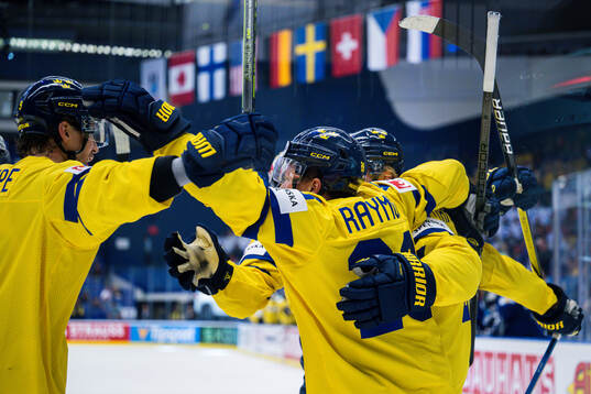 Rasmus Dahlin of Sweden celebrates with team mates