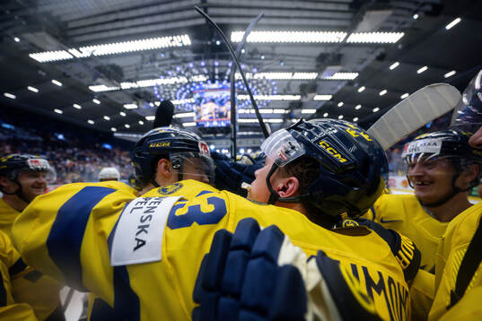 Joel Eriksson Ek and Lucas Raymond of Sweden celebrate