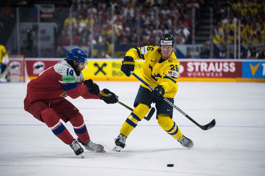 Pavel Zacha of Czech Republic and Rasmus Dahlin of Sweden