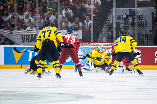 Lukas Sedlak of Czech Republic scores 3-6 behind goaltender